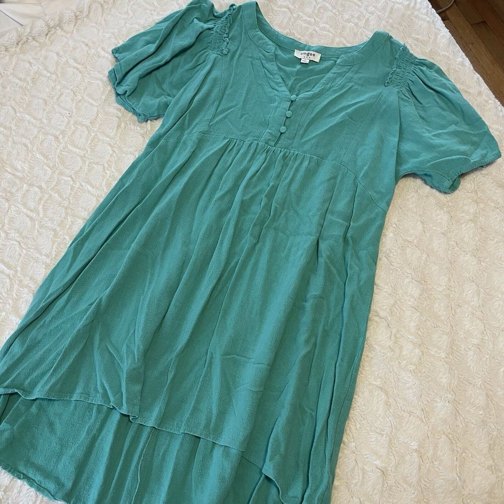 Umgee Solid Green Teal Shift Dress Small S Vneck Loosefit Short Tunic Dress